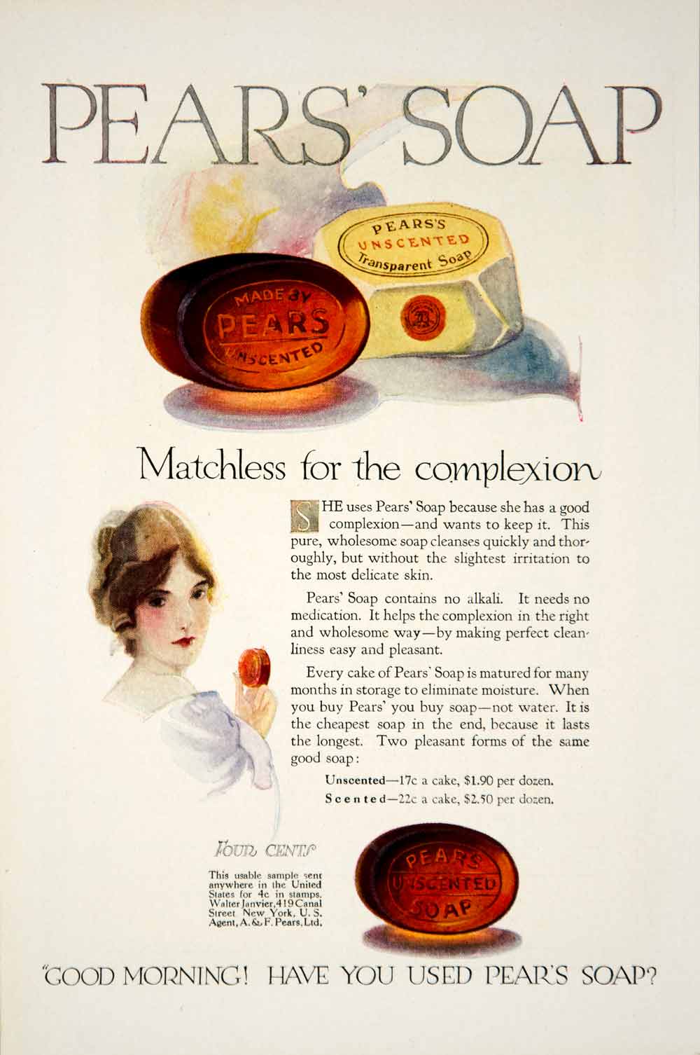 1919 Ad Walter Janvier Pears Soap Health Beauty Hygiene Cleansing Household YSC1