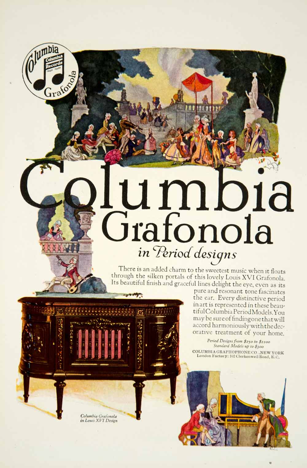 1919 Ad Columbia Graphophone Louis XVI Grafonola Furniture Record Music Art YSC1