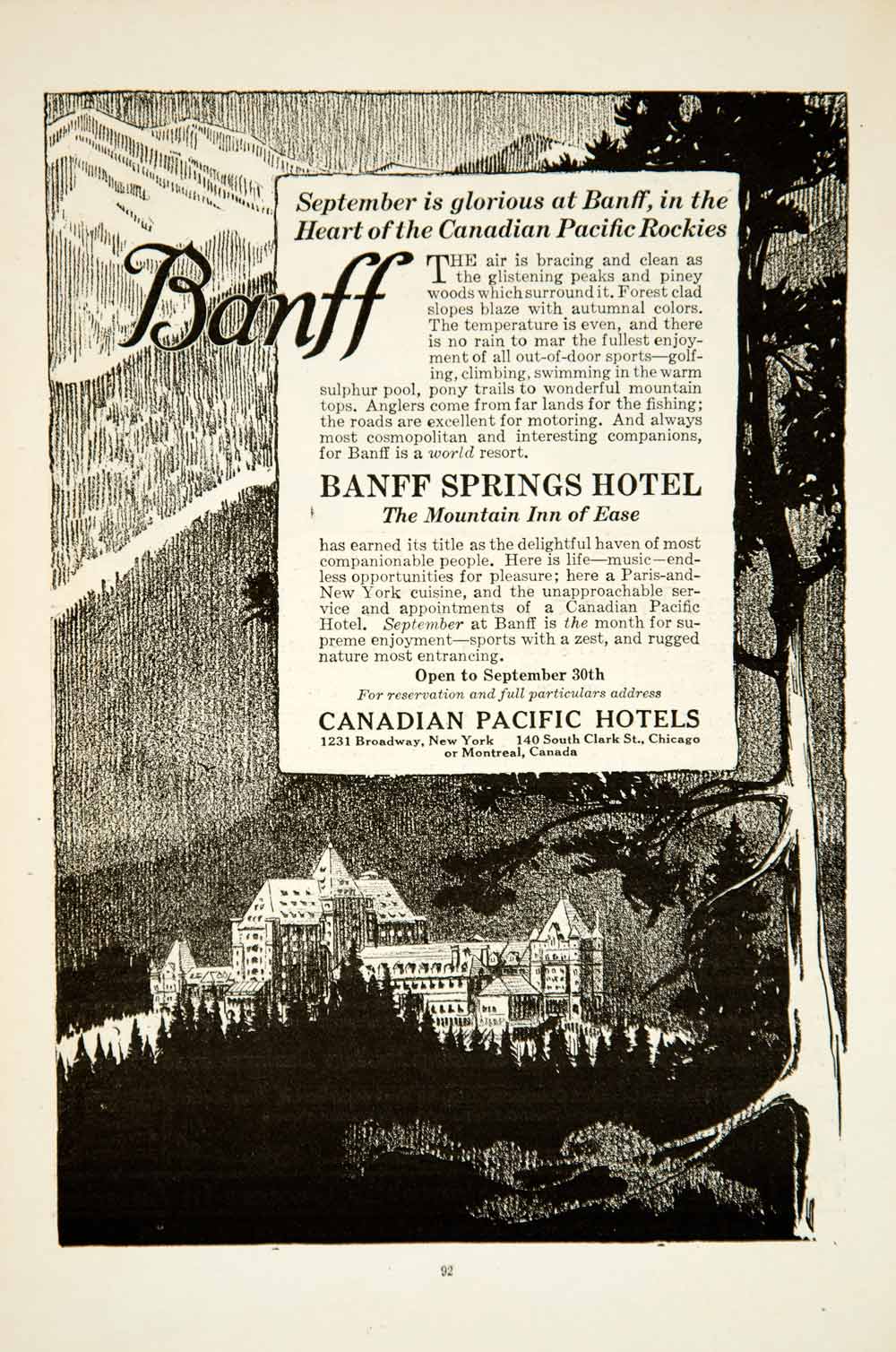1919 Ad Banff Springs Hotel Resort Canadian Pacific Railway National Park YSC1