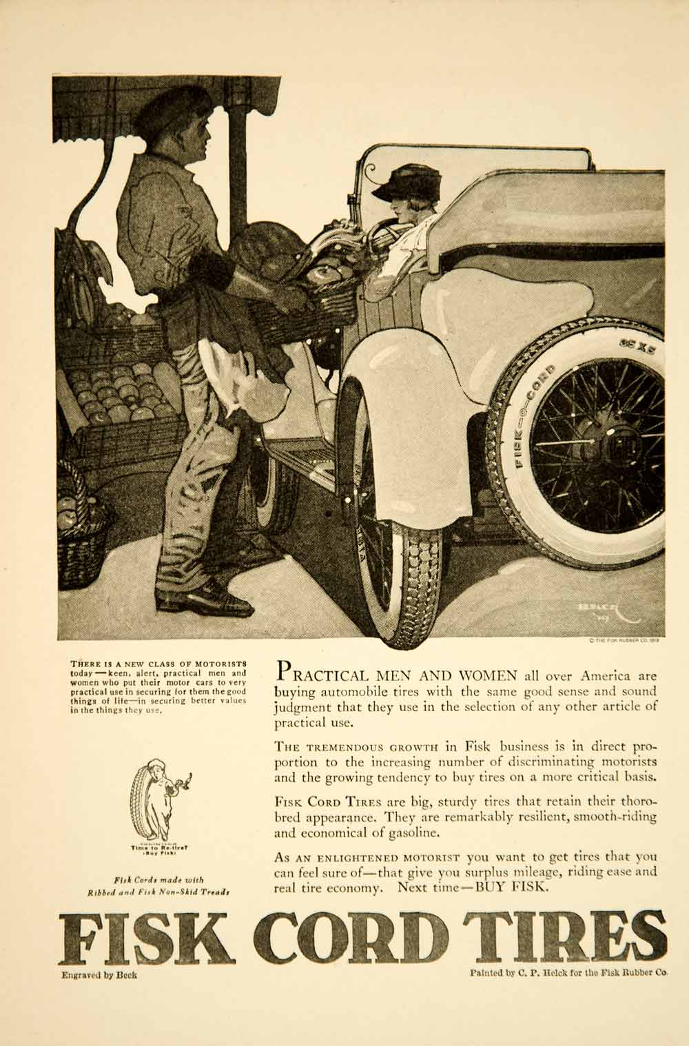 1919 Ad Clarence Peter Helck Art Deco Fisk Cord Tires Automobile Car Parts YSC1