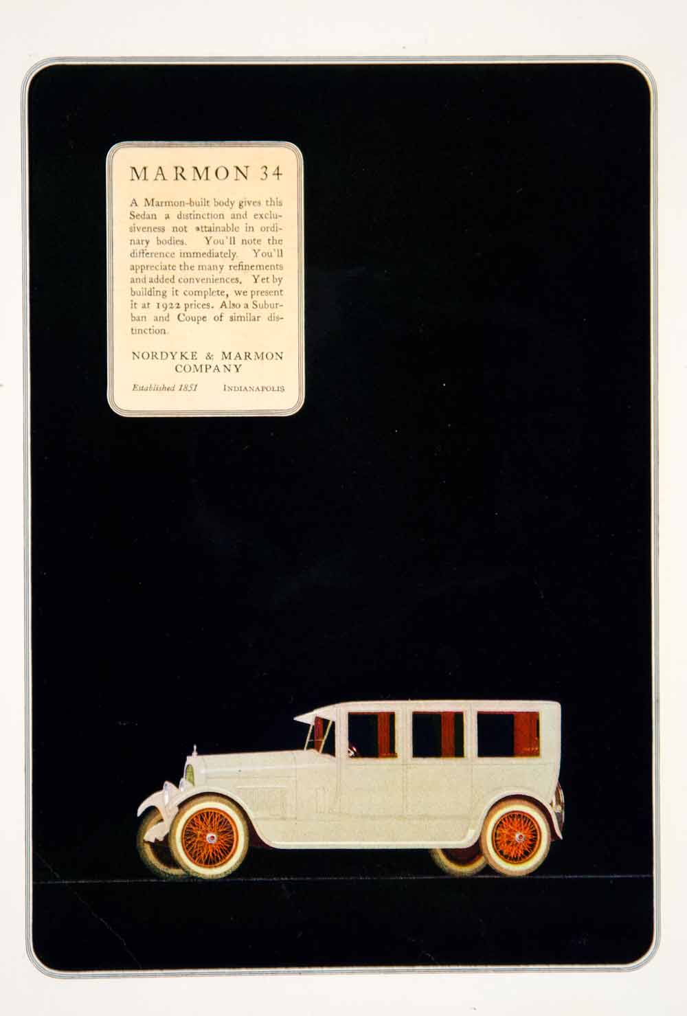 1921 Ad 1922 Nordyke Marmon 34 Sedan Car Automobile Art Deco Transportation YSC1