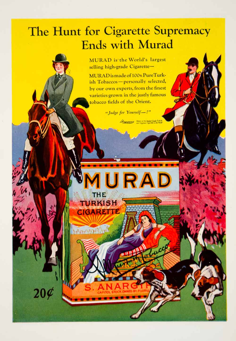 1921 Ad S Anargyros Murad Cigarettes Smoking Tobacco Fox Hunting Horse Dogs YSC1