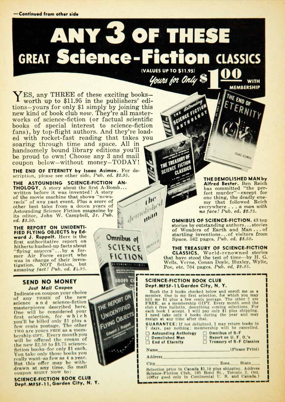 1957 Ad Science Fiction Book Club Garden City NY End Eternity Isaac Asimov YSFC2