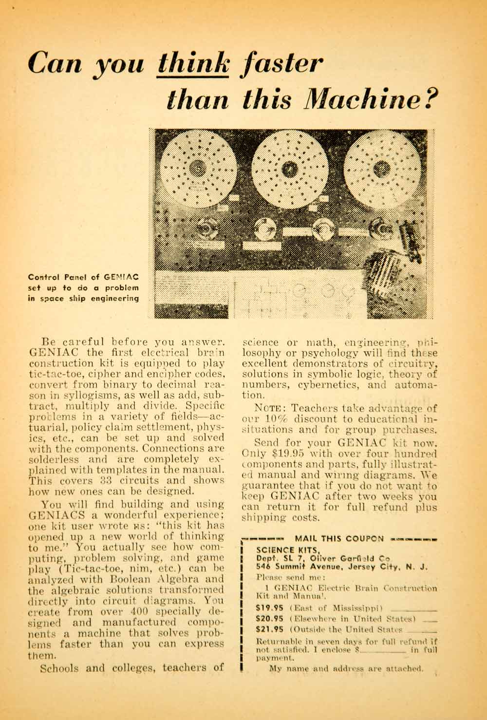 1956 Ad GENIAC Science Kit Oliver Garfield 546 Summit Ave Jersey City NJ YSFC3