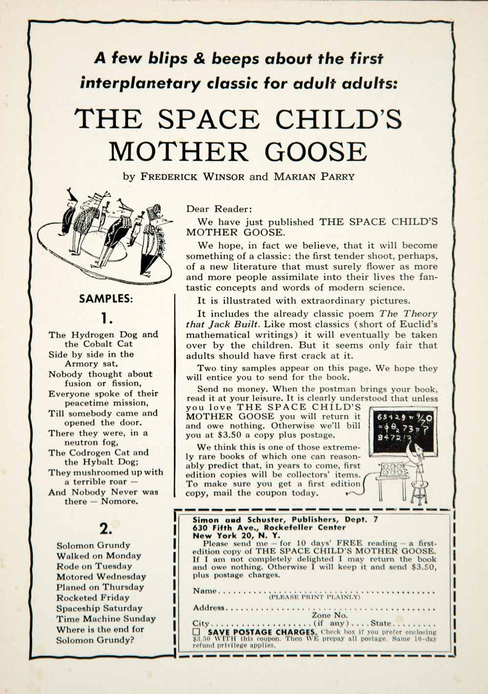 1958 Ad Simon Schuster 630 Fifth Ave NY Space Childs Mother Goose Marian YSFC3