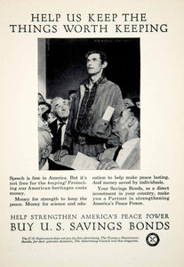 1958 Ad US Savings Bonds Norman Rockwell Art Freedom Speech Treasury YSFC3