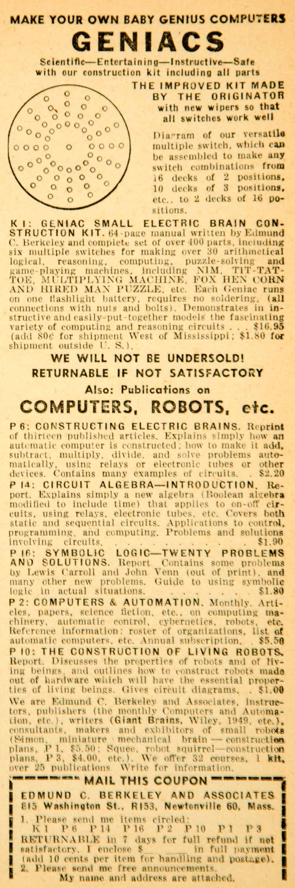 1956 Ad K1 GENIAC Edmund C Berkeley Associates 815 Washington St YSFC3