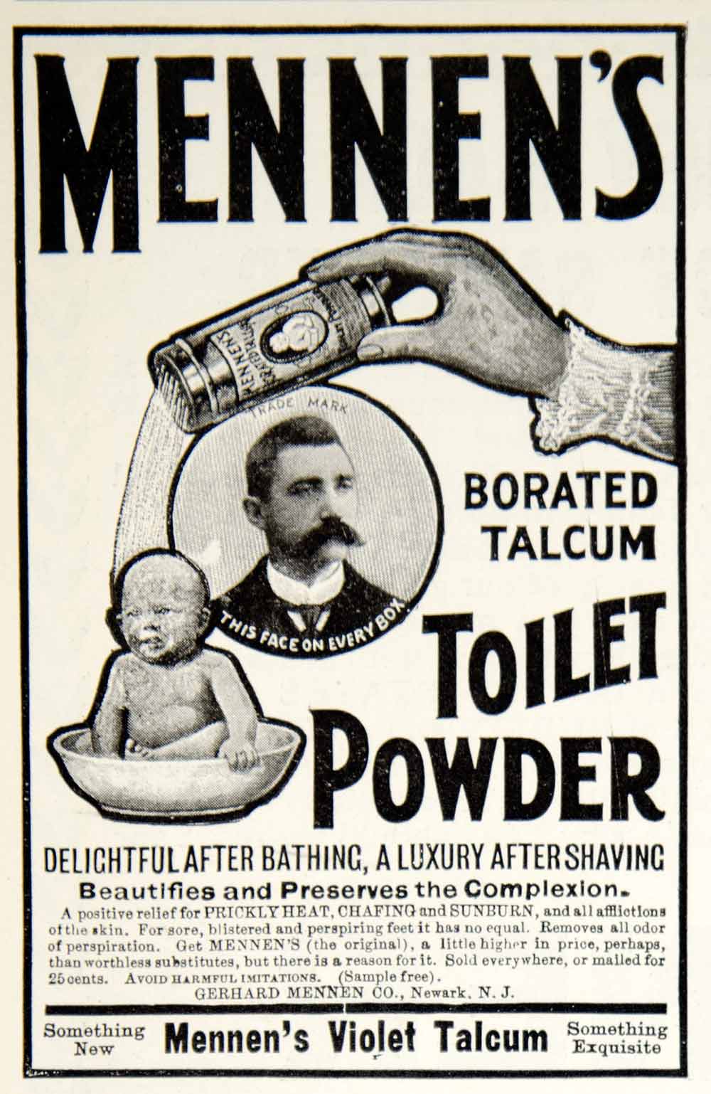 1903 Ad Vintage Gerhard Mennen Borated Talcum Toilet Powder Baby Skin Care YSM2