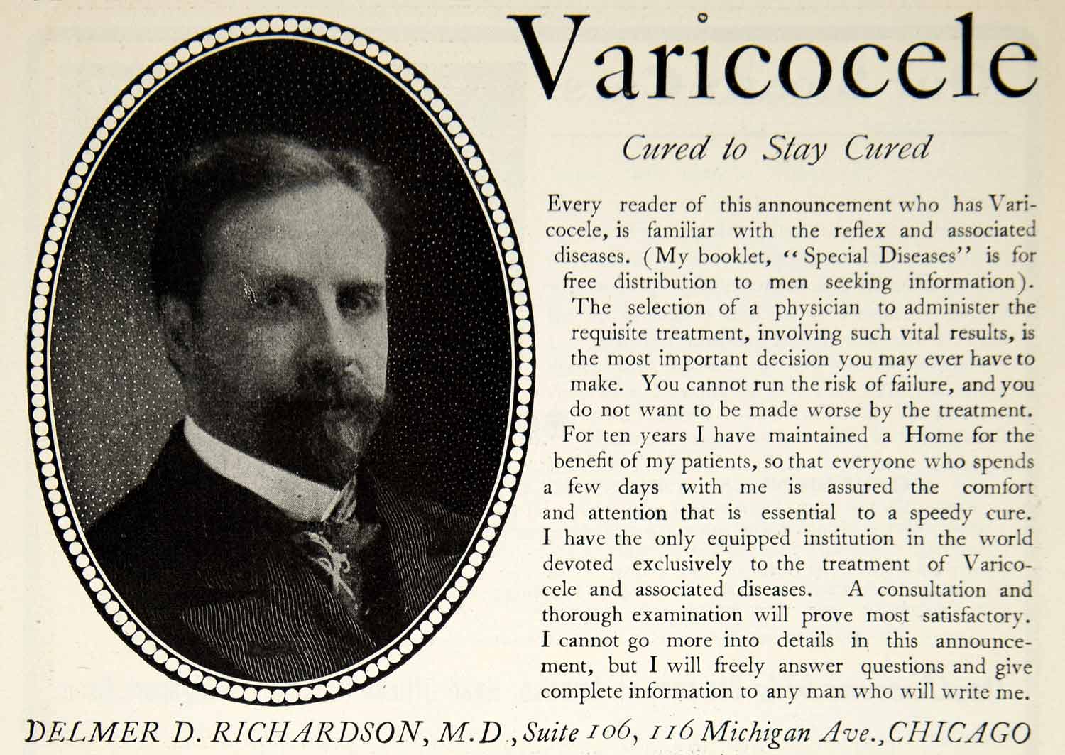 1903 Ad Varicocele Treatment Cure Medical Quackery Delmer D. Richardson YSM2