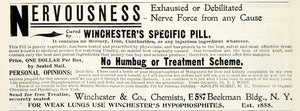 1903 Ad Vintage Winchester Specific Pill Medical Quackery Nervousness Cure YSM2