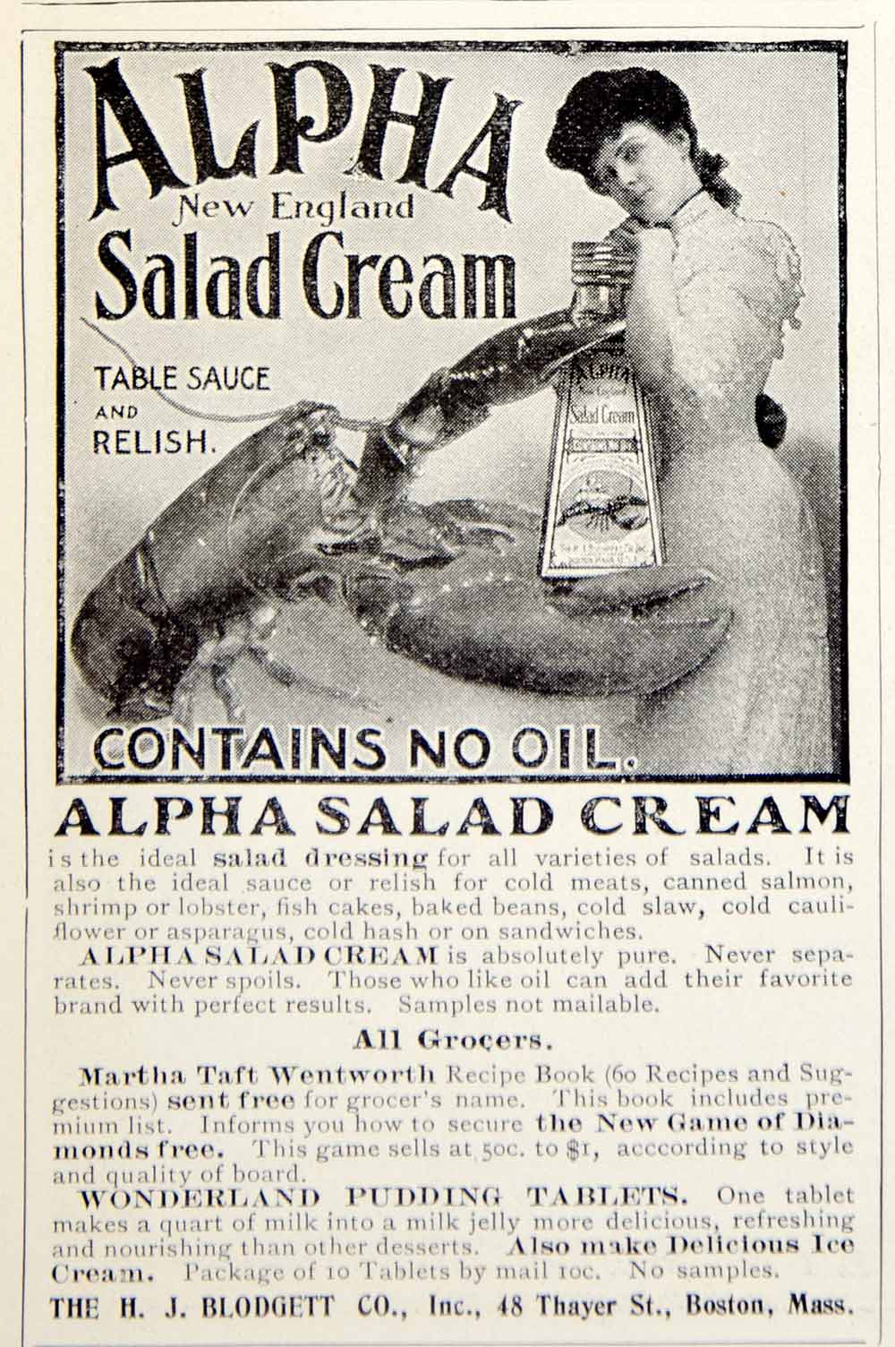 1903 Ad Vintage H J Blodgett Alpha New England Salad Cream Dressing Lobster YSM2