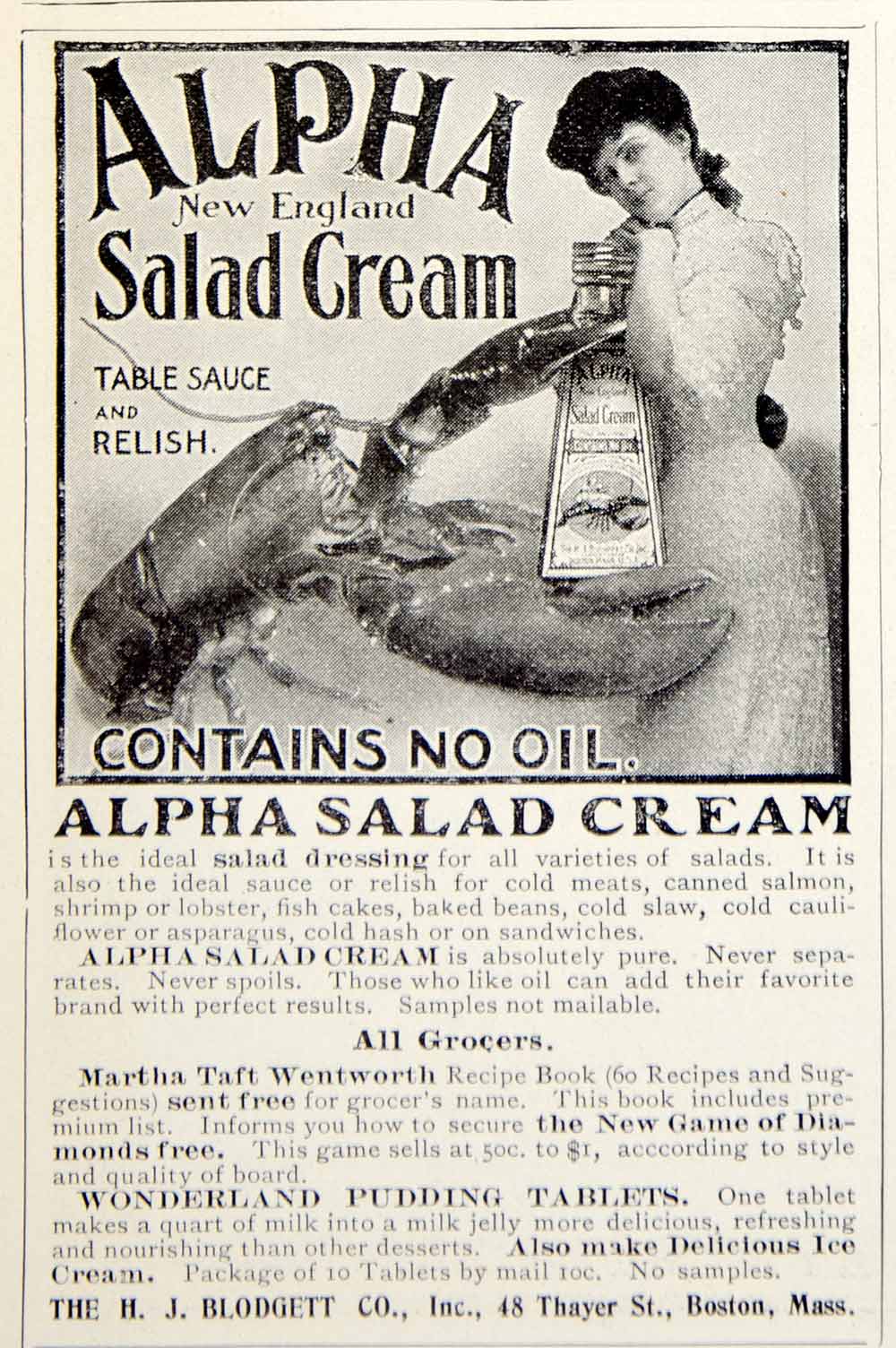 vintage salad dressing bottle 1903 Ad Vintage H J Blodgett Alpha New England Salad Cream Dressing Lo – Period Paper Historic Art LLC
