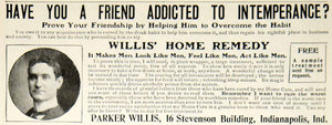 1903 Ad Vintage Parker Willis Home Remedy Alcohol Addiction Quackery Cure YSM2