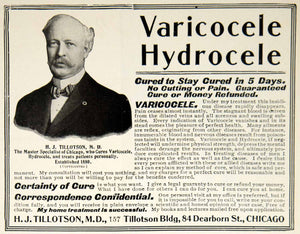 1903 Ad Vintage Varicocele Hydrocele Cure H. J. Tillotson Medical Quackery YSM2