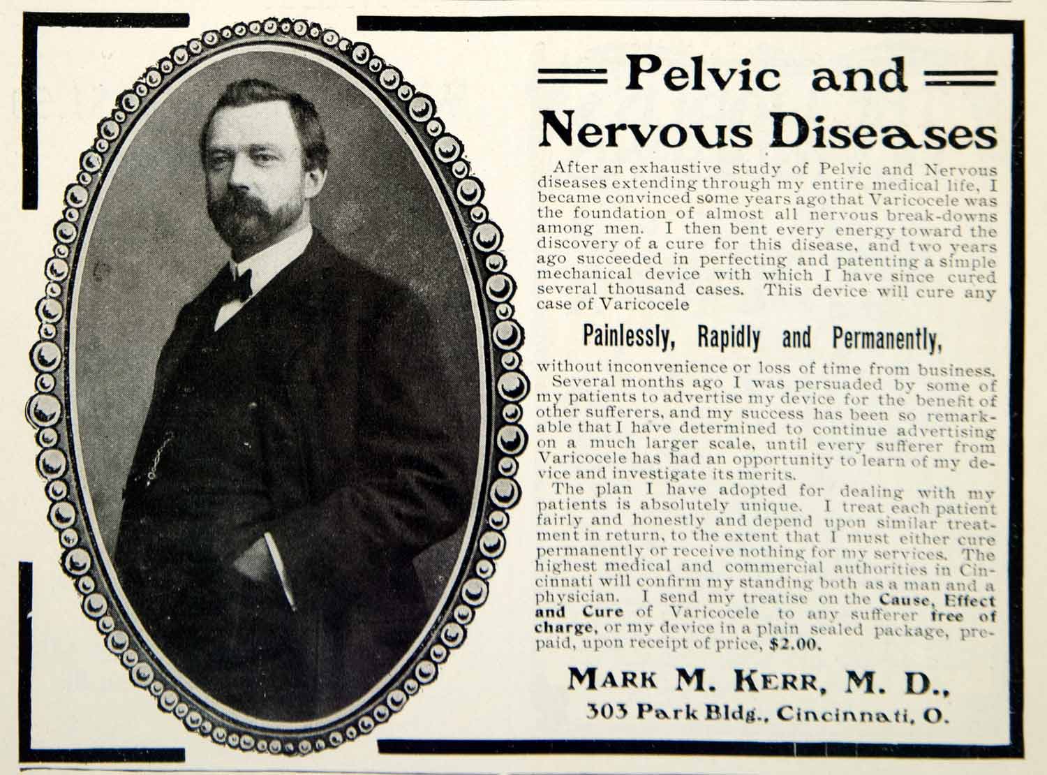 1903 Ad Varicocele Pelvic Nervous Disease Cure Remedy Mark M. Kerr Quackery YSM2