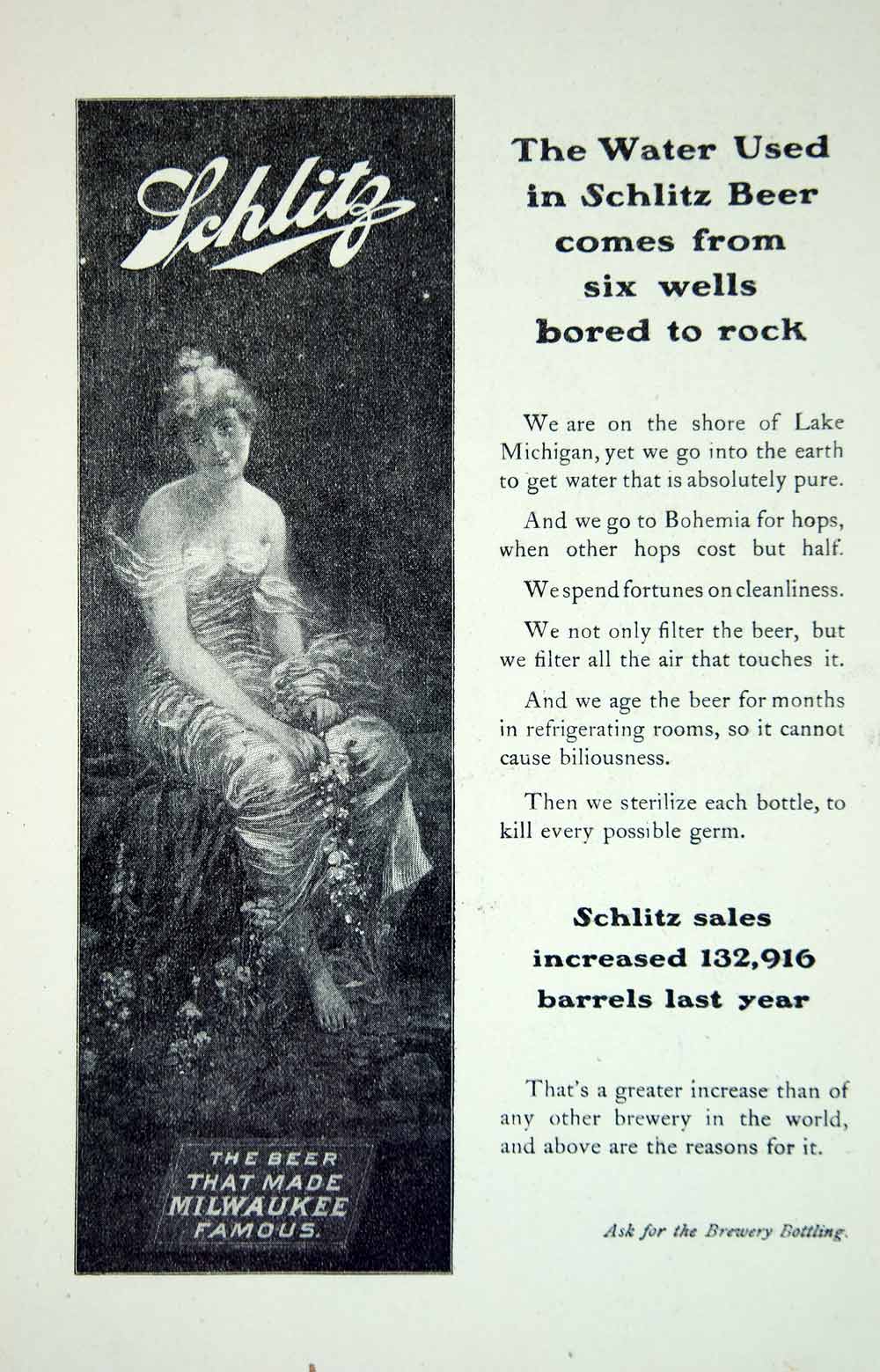 1903 Ad Vintage Schlitz Beer that Made Milwaukee Famous Brewing Well Water YSM2