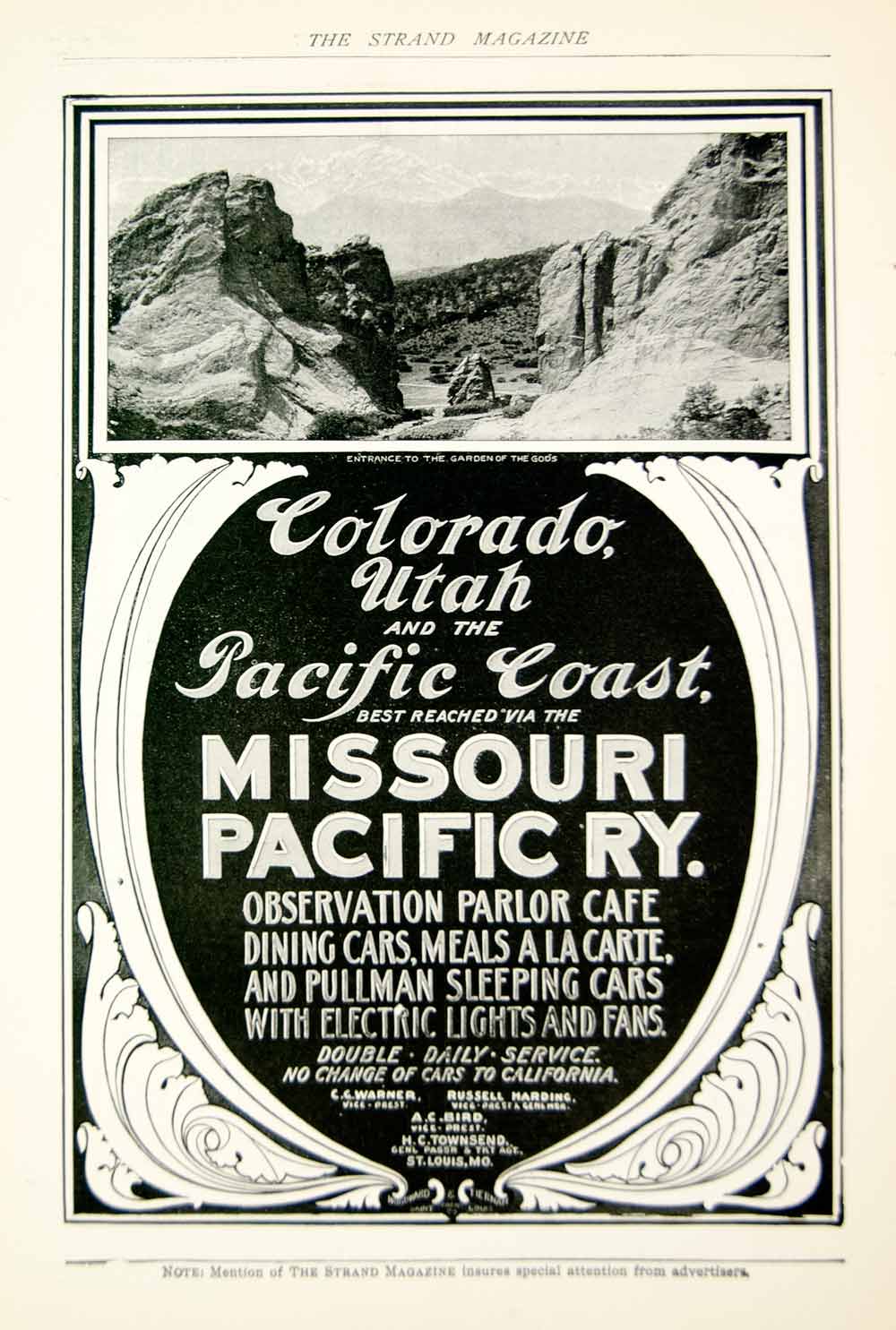 1903 Ad Vintage Missouri Pacific Railway Railroad Travel Garden of the Gods YSM2