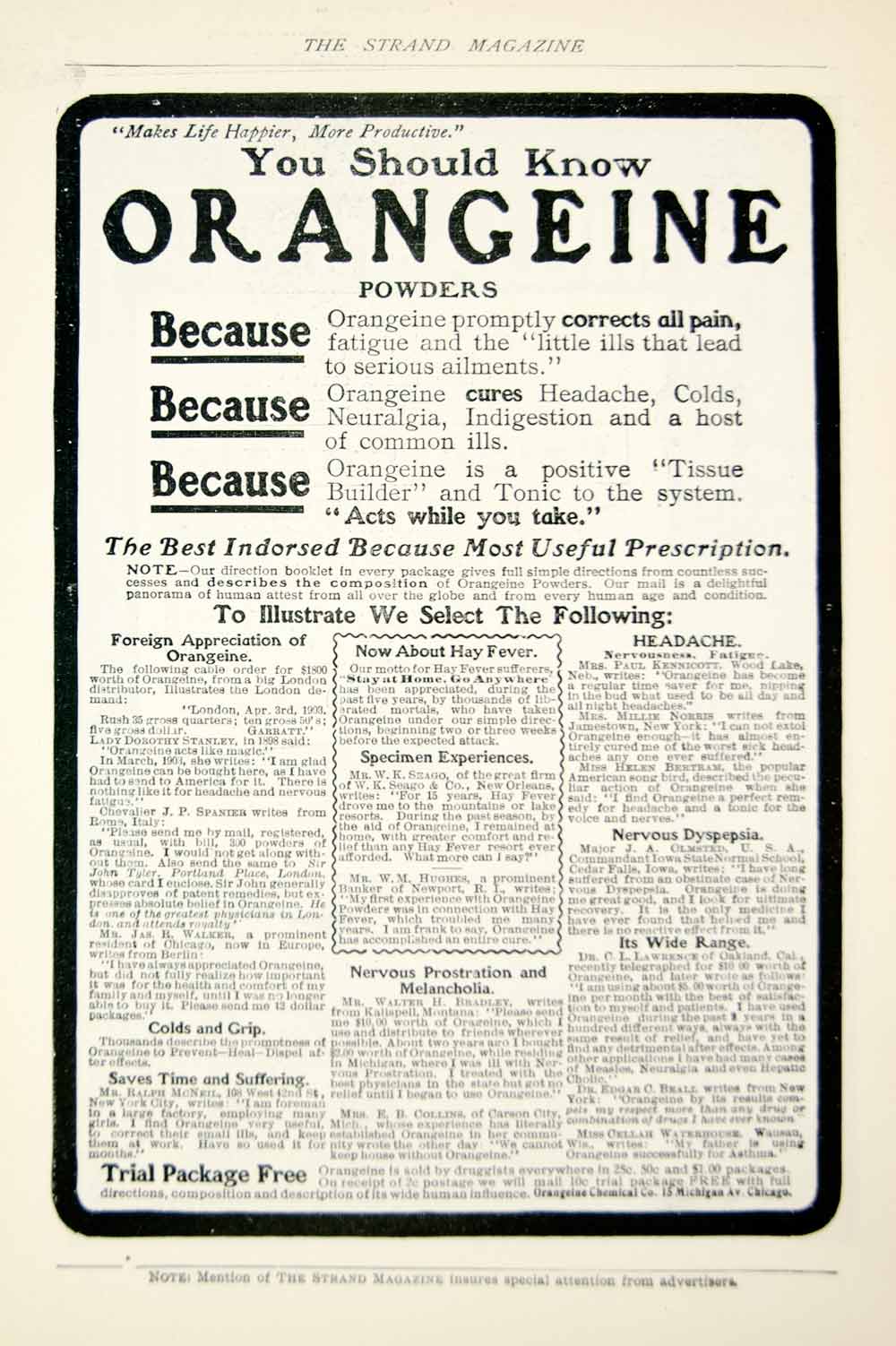 1903 Ad Vintage Orangeine Powders Medical Quackery Pain Relief Cure Tonic YSM2
