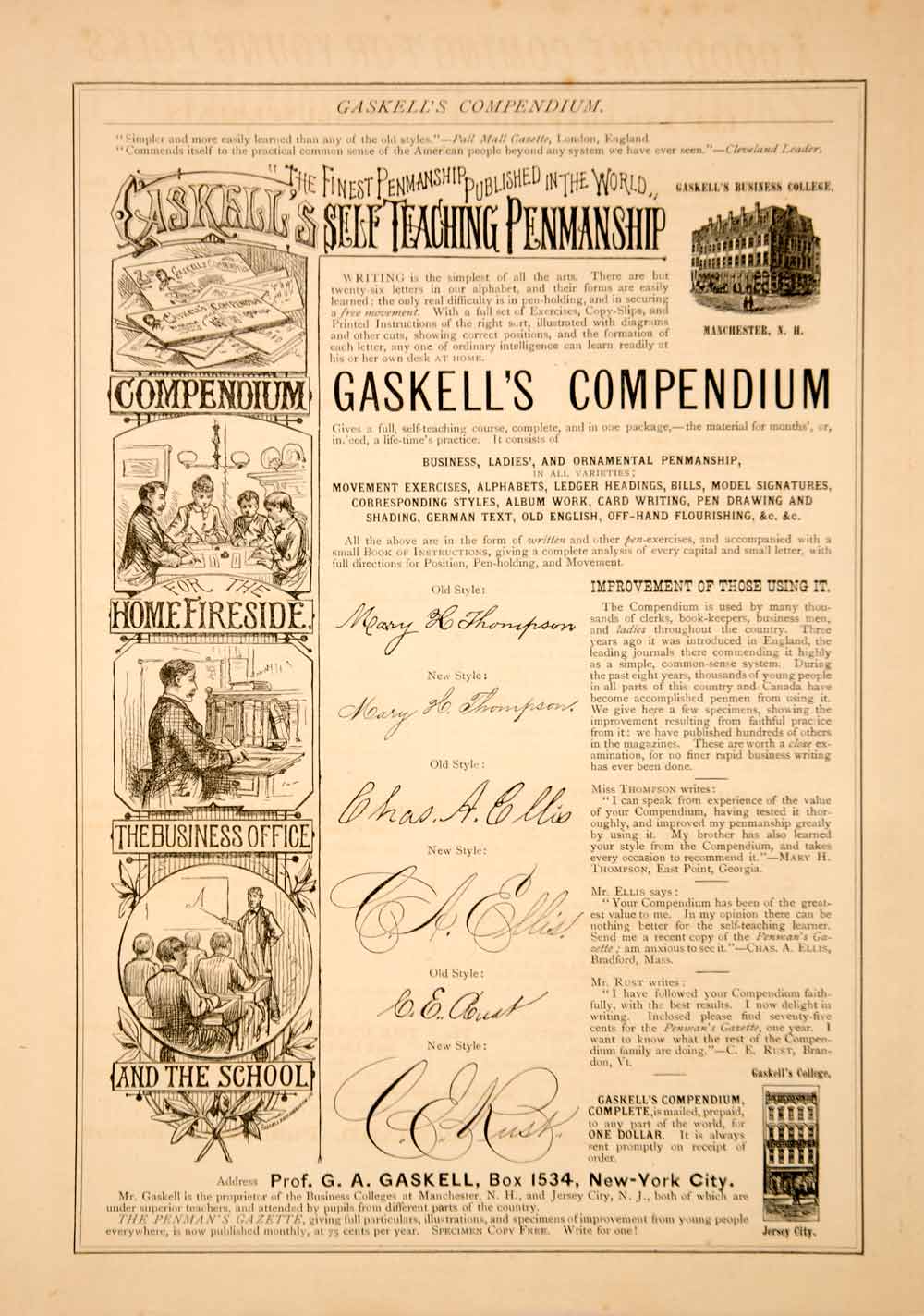 1881 Ad Gaskell's Compendium Penmanship Handwriting Cursive Writing Course YSN1