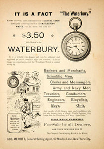 1885 Ad Antique Waterbury Pocket Watch Geo. Merritt 52 Maiden Lane NYC YSN1