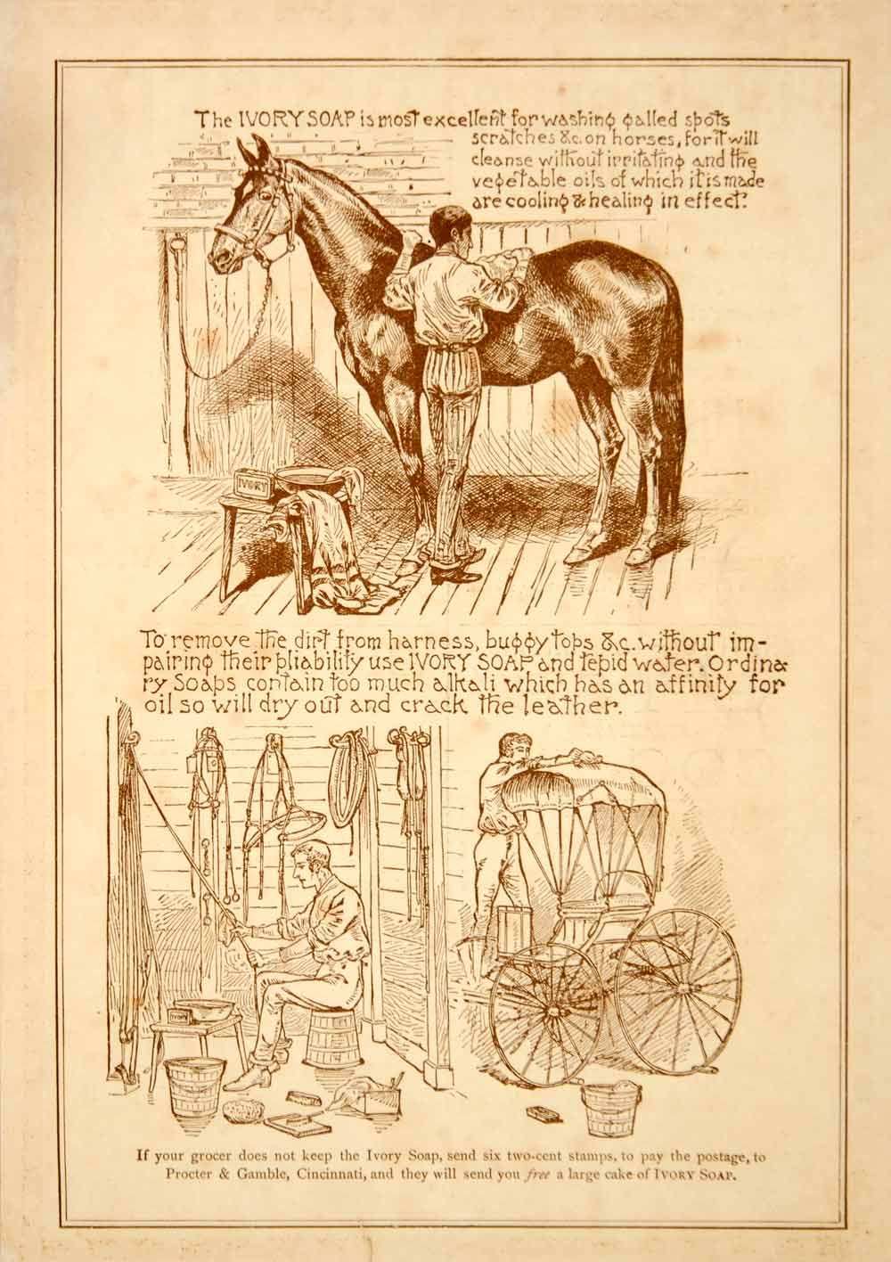 1886 Ad Ivory Snow Soap Cake Horse Washing Buggy Harness Victorian Cleaner YSN1