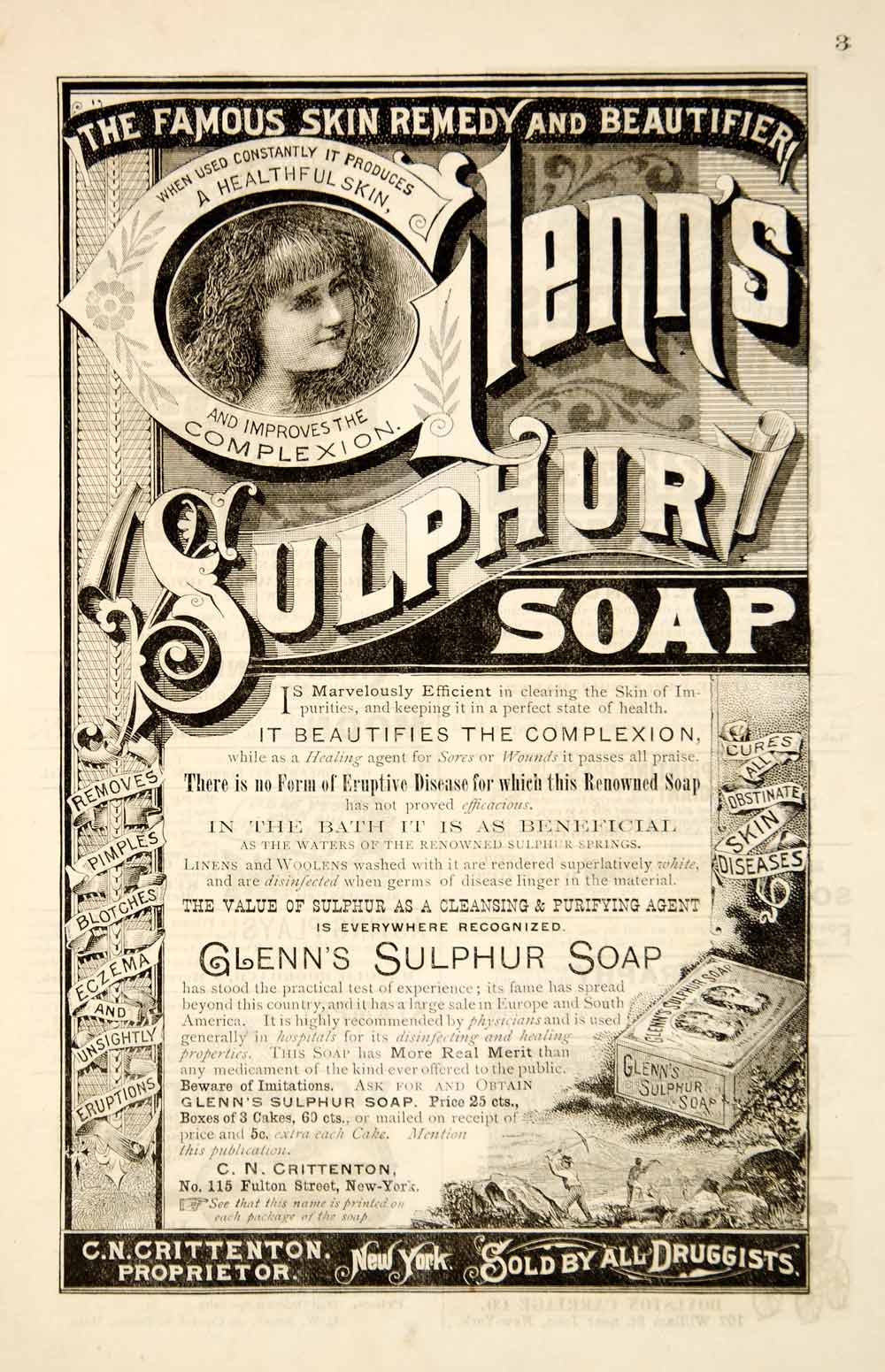 1886 Ad Antique Glenn's Suphur Soap Complexion Victorian Skin Care Beauty YSN1