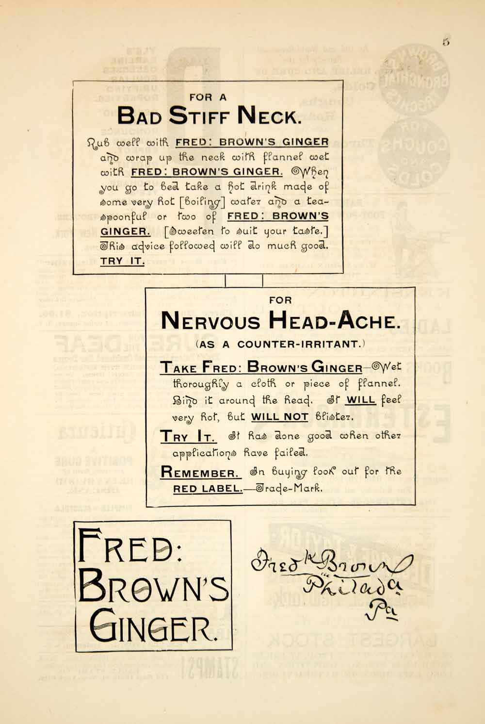 1886 Ad Fred Brown's Ginger Medical Quackery Tonic Victorian Headache Cure YSN1