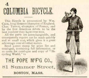 1880 Ad Antique Columbia Bicycle Victorian Pope Mfg. Wm. Cann Chas. Tenvot YSN1