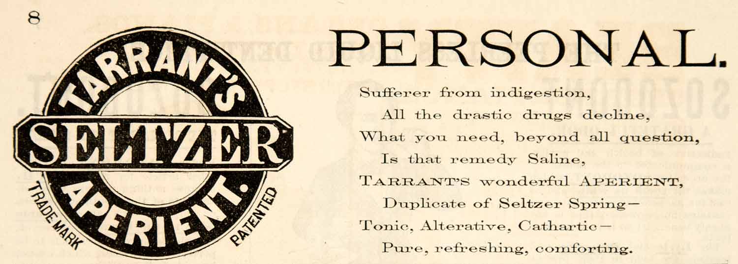 1881 Ad Tarrant's Seltzer Aperient Tonic Medical Quackery Indigestion Cure YSN1