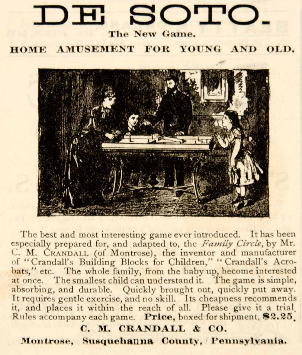 1881 Ad Antique Game De Soto C. M. Crandall & Co. Montrose PA Victorian Toy YSN1
