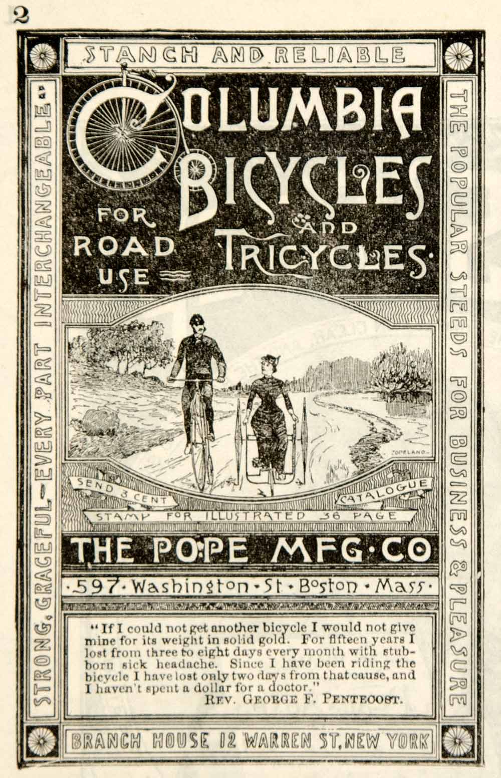 1885 Ad Antique Columbia Bicycle Tricycle Pope Mfg Rev. George F. Pentecost YSN1