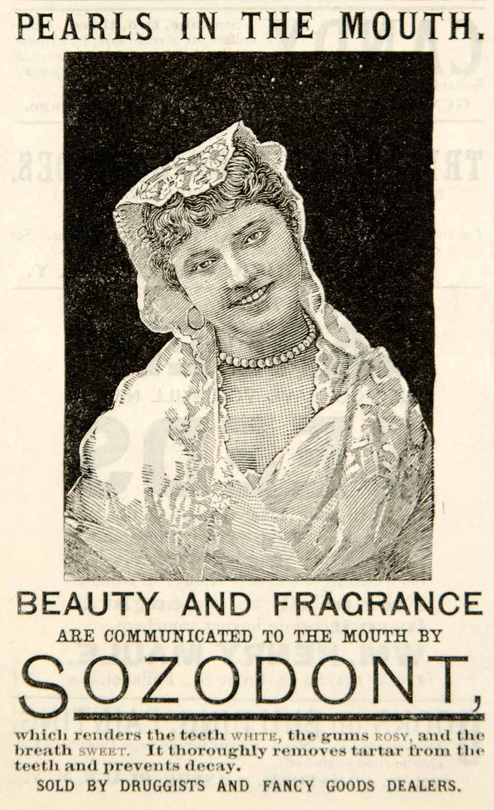 1885 Ad Sozodont Toothpaste Dentifrice Pearls in Mouth Dental Care Teeth YSN1