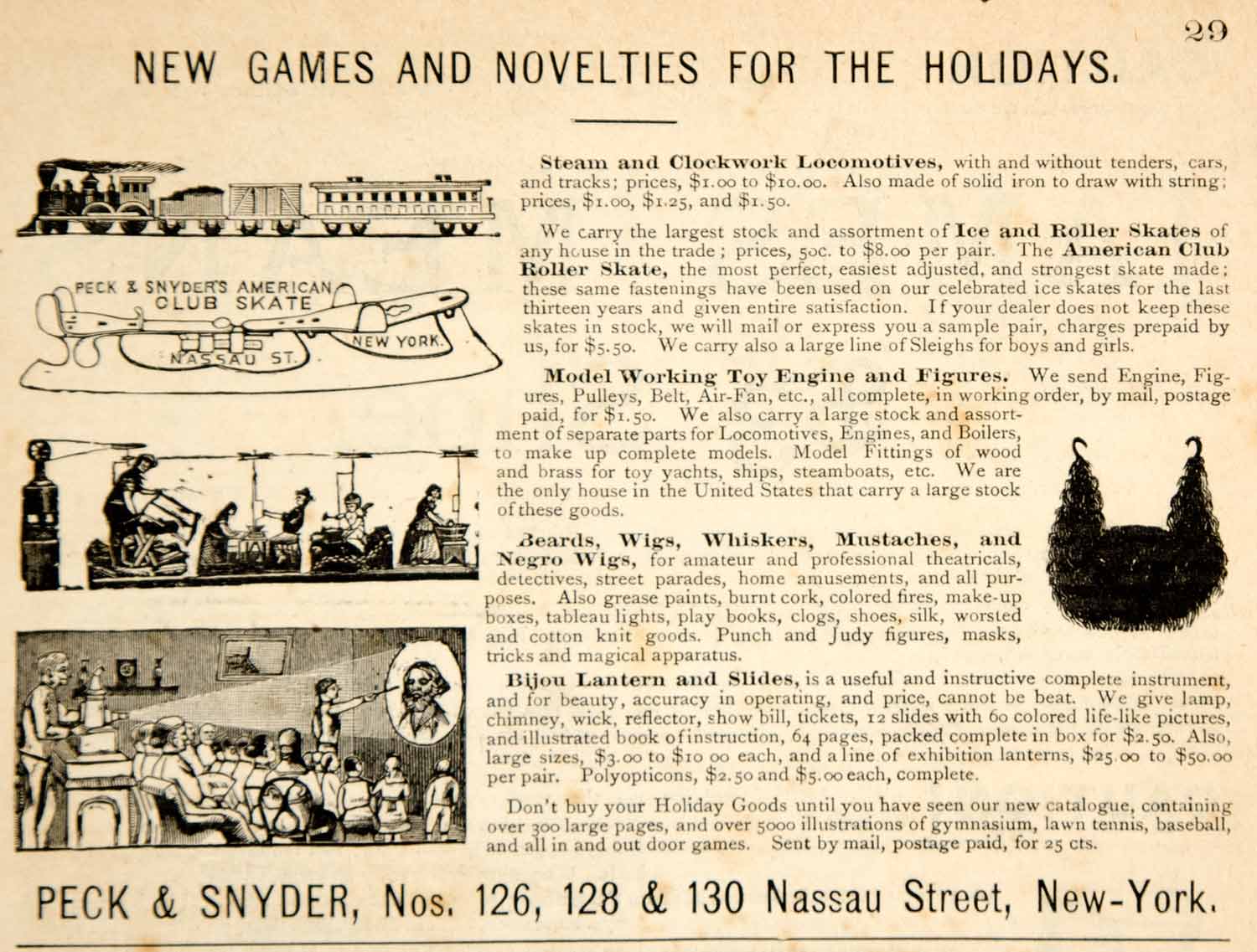 1885 Ad Antique Christmas Toy Gifts Peck & Synder Magic Bijou Lantern Wigs YSN1