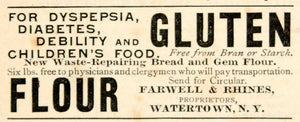 1885 Ad Antique Gluten Flour Diet Food Invalids Farwell & Rhines Watertown YSN1