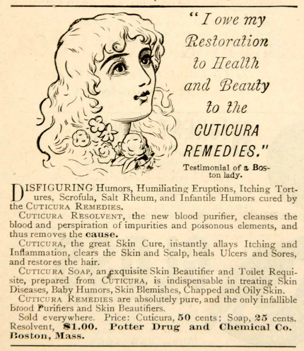 1885 Ad Cuticura Soap Resolvent Remedies Potter Drug Medical Quackery Cure YSN1