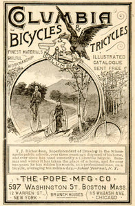 1885 Ad Columbia Bicycles Tricycles Pope Mfg. 597 Washington St. Boston YSN1