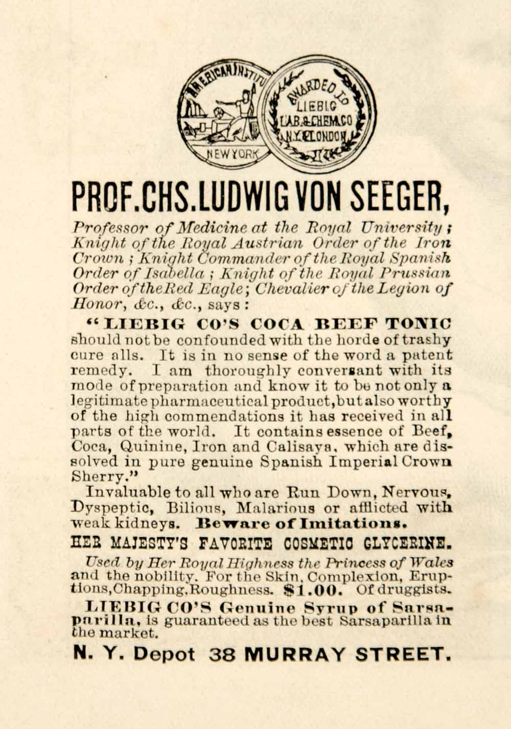 1886 Ad Liebig Co's Coca Beef Tonic Quackery Prof. Chs. Ludwig von Seeger YSN1