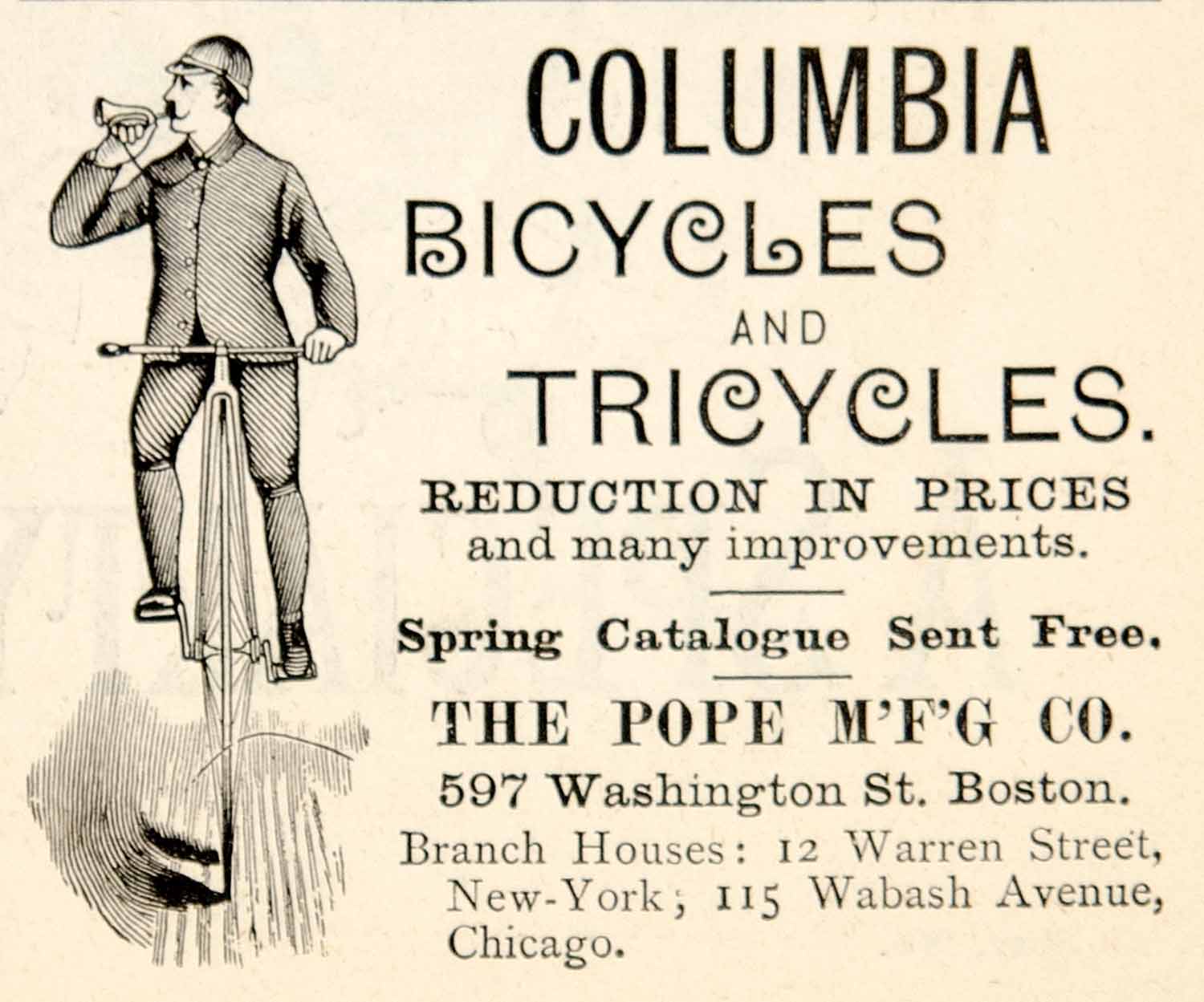1886 Ad Antique Columbia Bicycles Tricycles Pope Mfg. Price Reduction YSN1