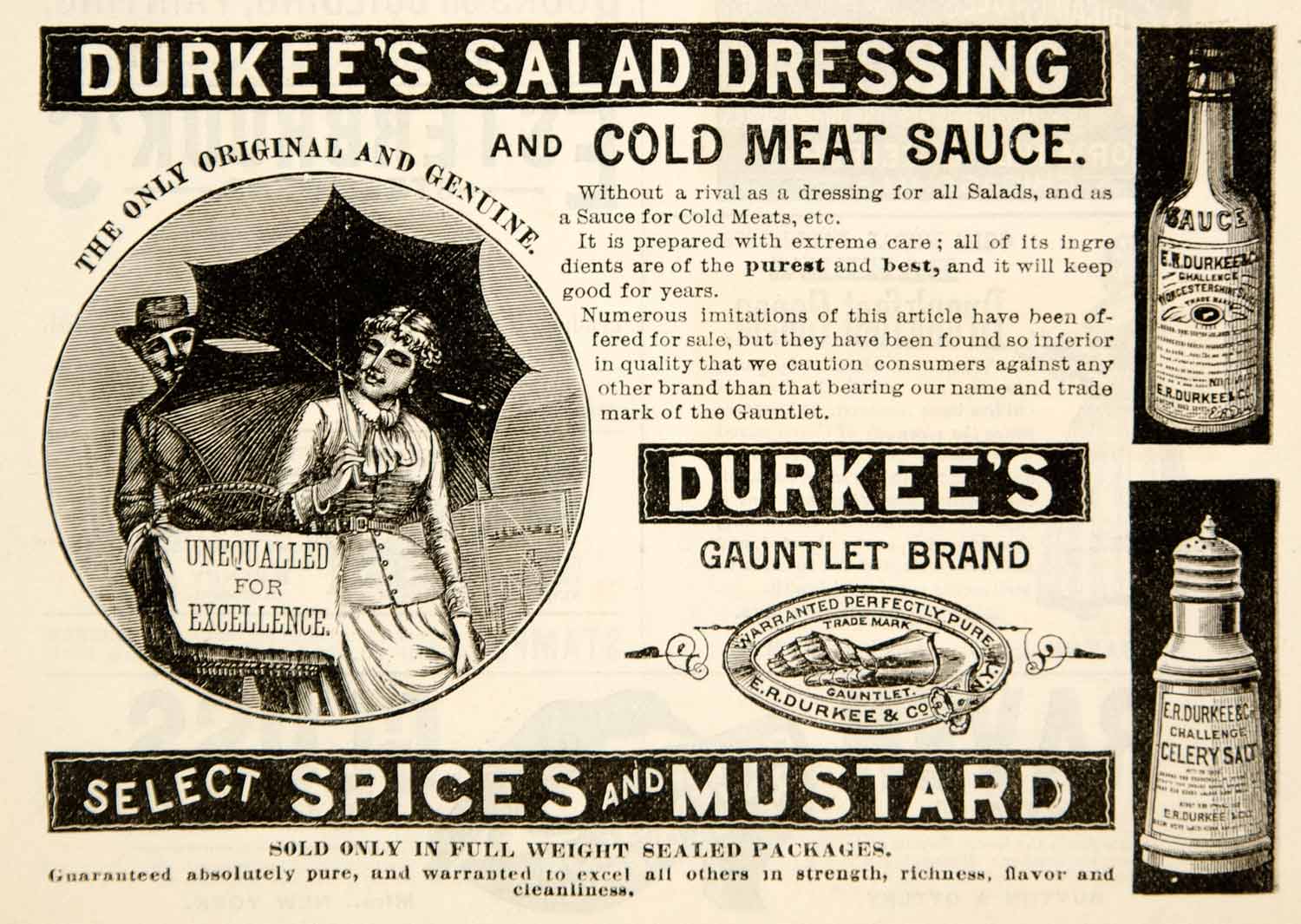 1886 Ad Antique Durkee's Salad Dressing Sauce Spice Mustard Gauntlet Brand YSN1