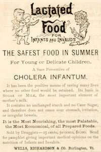1886 Ad Lactated Food Infants Invalids Wells Richardson & Co Burlington VT YSN1