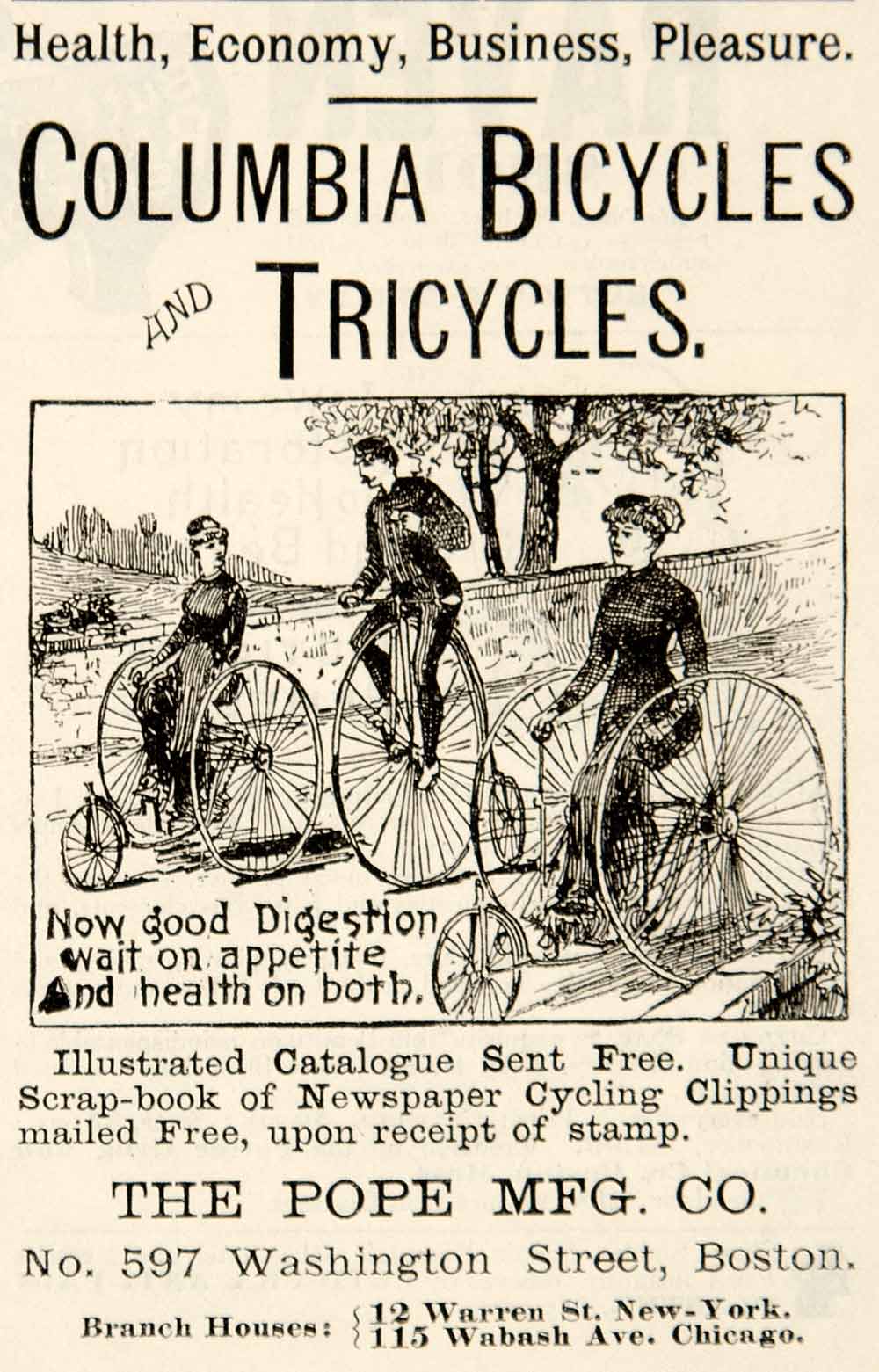 1886 Ad Antique Pope Mfg Columbia Bicycles Bikes Tricycles Victorian Health YSN1