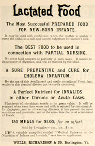 1886 Ad Lactated Food Diet Infants Invalids Cholera Infantum Cure Quackery YSN1