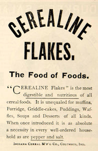 1886 Ad Antique Cerealine Flakes Indiana Cereal Co. Nutrition Columbus IN YSN1
