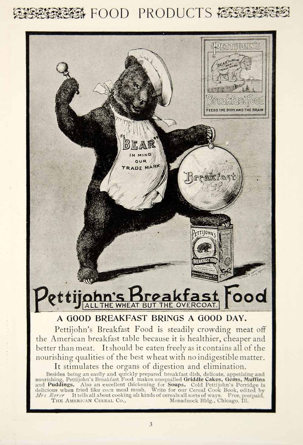 1900 Ad Vintage Pettijohn's Breakfast Food Bear Trademark Icon Wheat Cereal YSN2