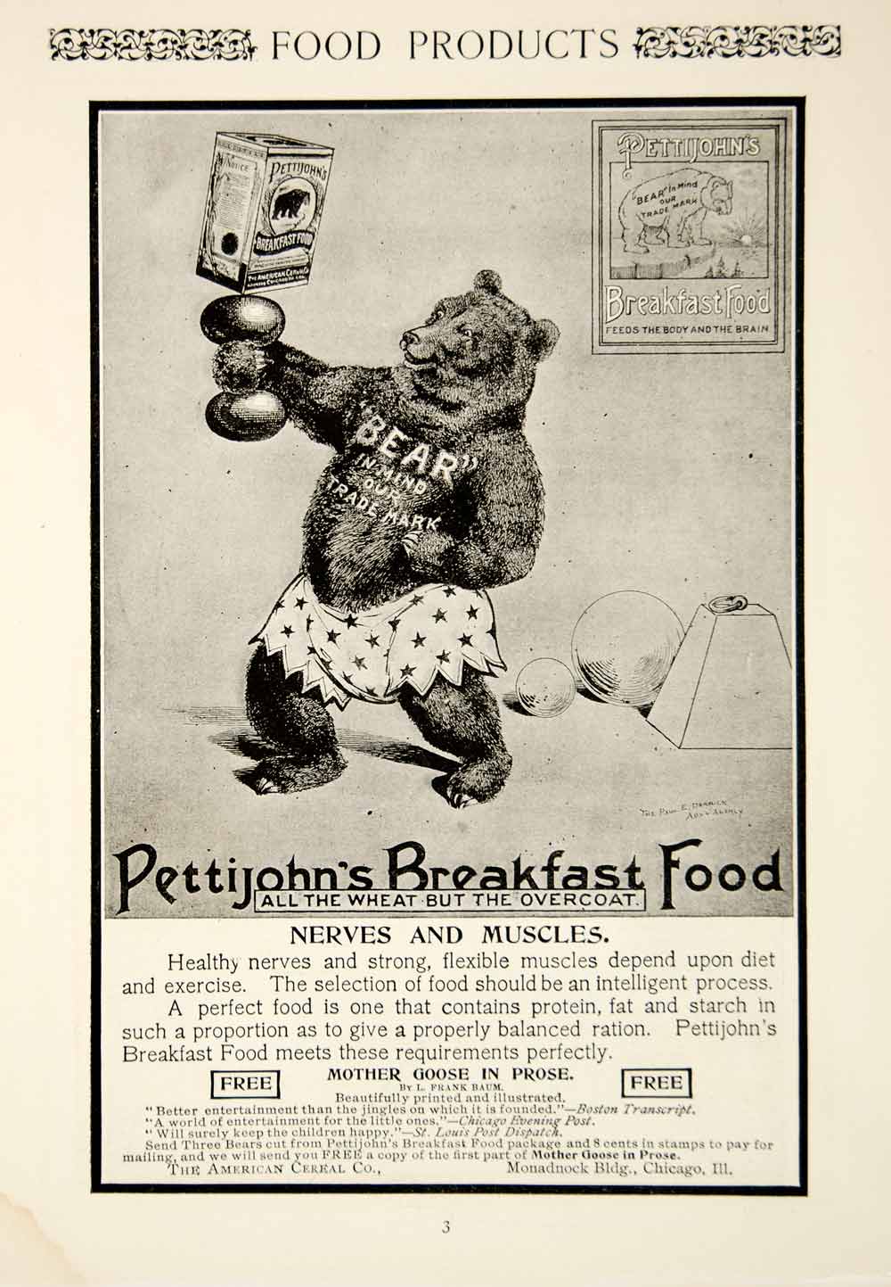 1900 Ad Vintage Pettijohn's Breakfast Food Bear Icon Lifting Weights Health YSN2