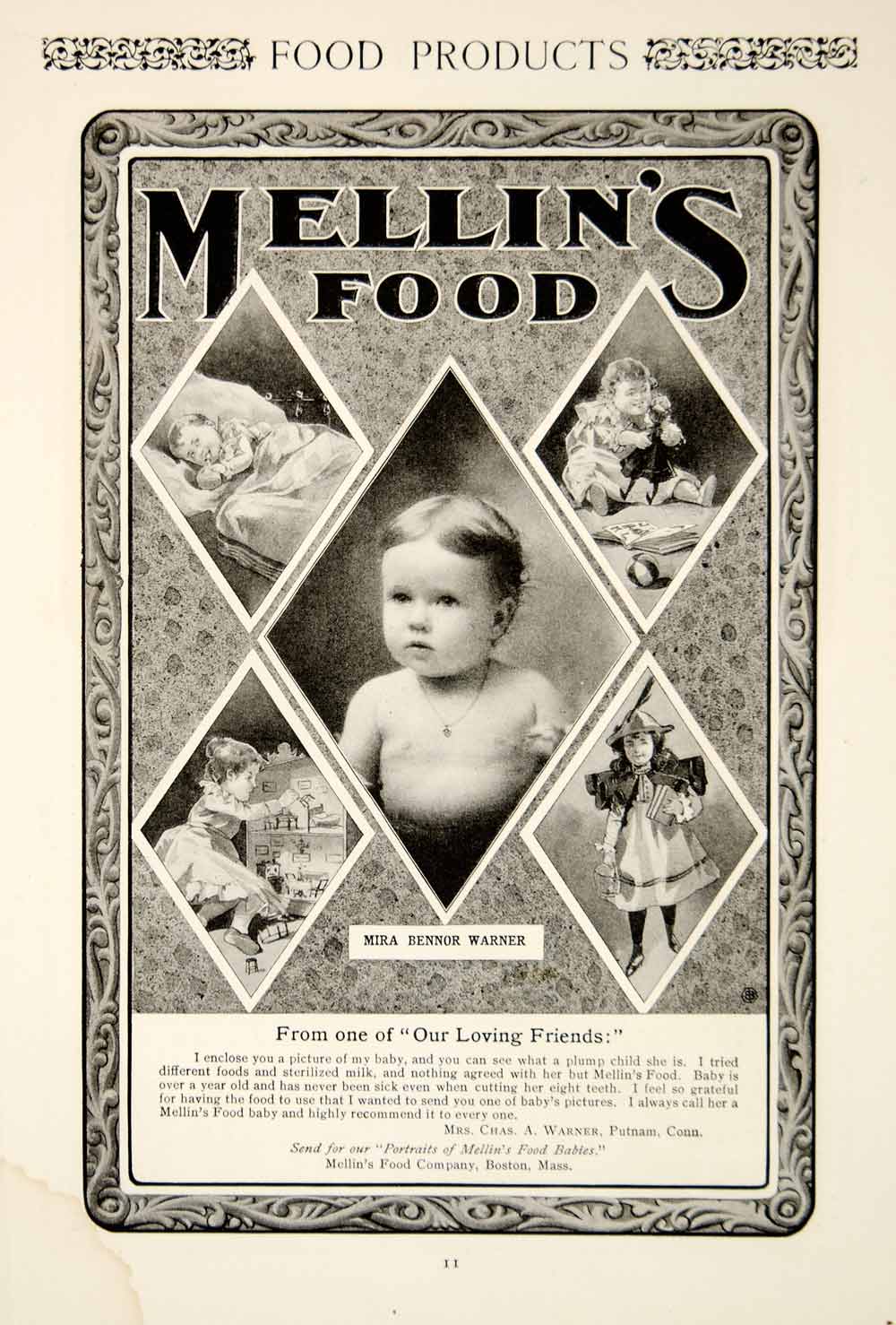 1900 Ad Mellin's Food Infant Baby Mira Bennor Warner Putnam Connecticut YSN2