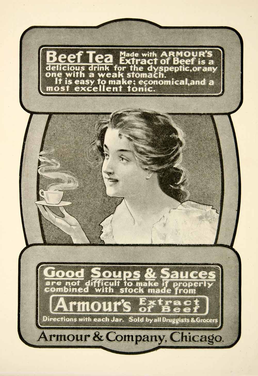 1900 Ad Armours Extract of Beef Tea Food Invalid Tonic Cooking Stock S ...