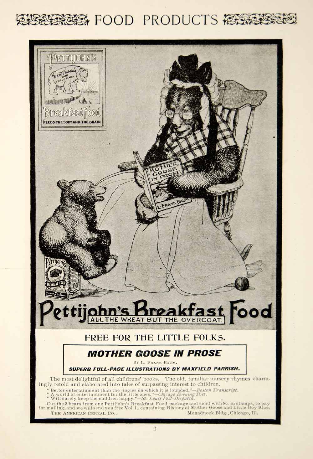 1900 Ad Pettijohns Breakfast Cereal Food Mother Goose Book Bear Cub Reading YSN2