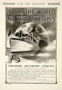 1900 Ad Vintage Northern Steamship Company Ship Travel Cruise World Globe YSN2