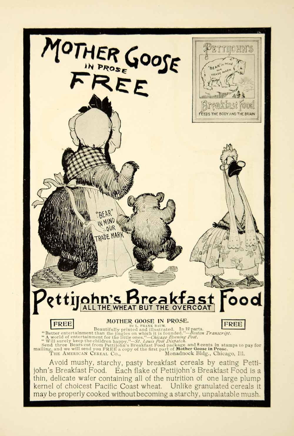 1900 Ad Pettijohn's Breakfast Food Mother Goose Book Bear Cub Trademark YSN2